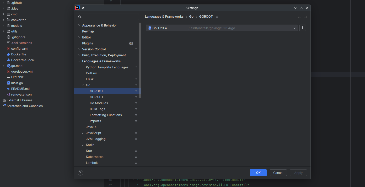 Shows an Intellij Idea config window, that configures go version by asdf tools-version